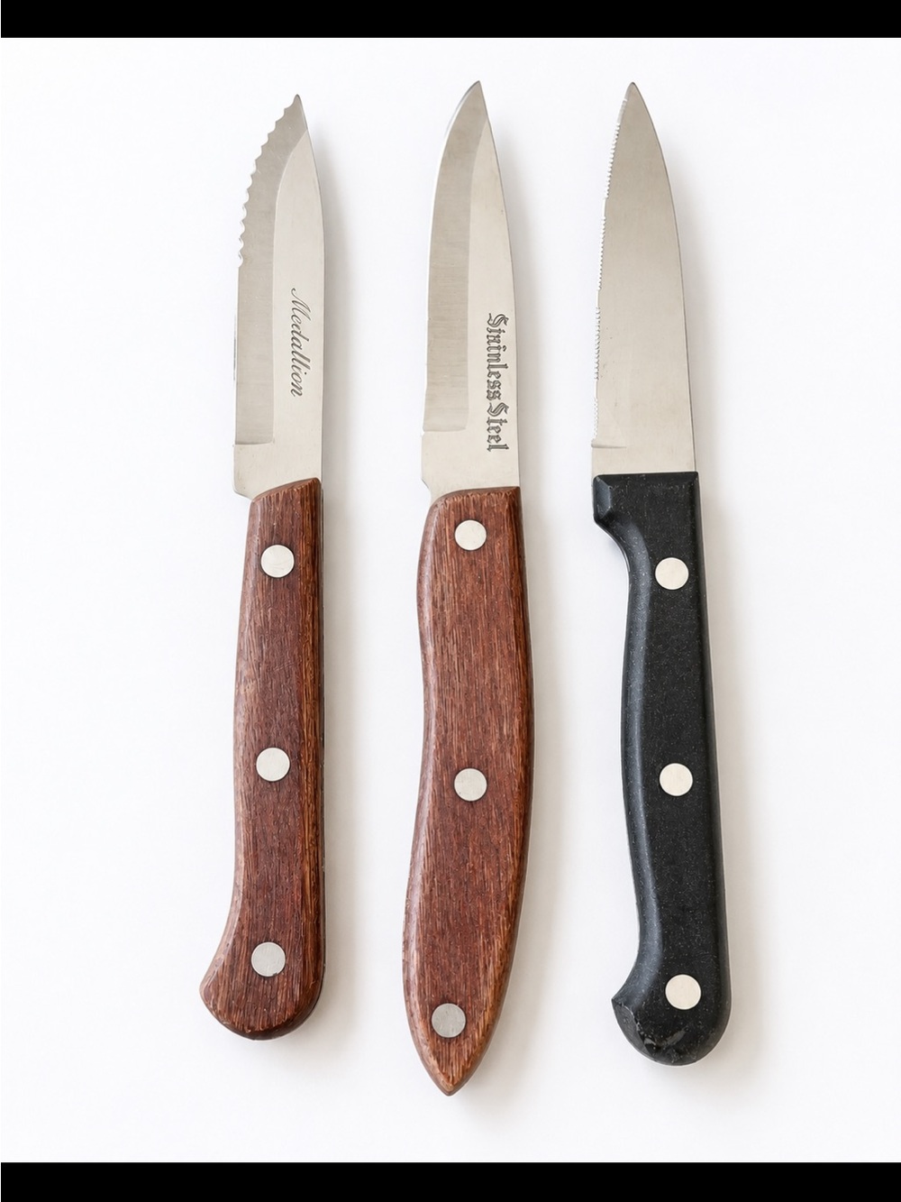 3-Piece Steak Knife Set with Brown Wood & Black Handle